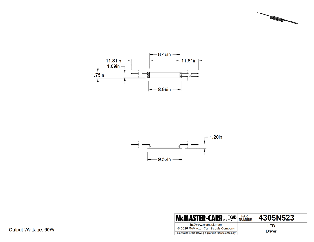 Technical Drawing of LED Driver, Constant Voltage, 60W Output, 12V DC.